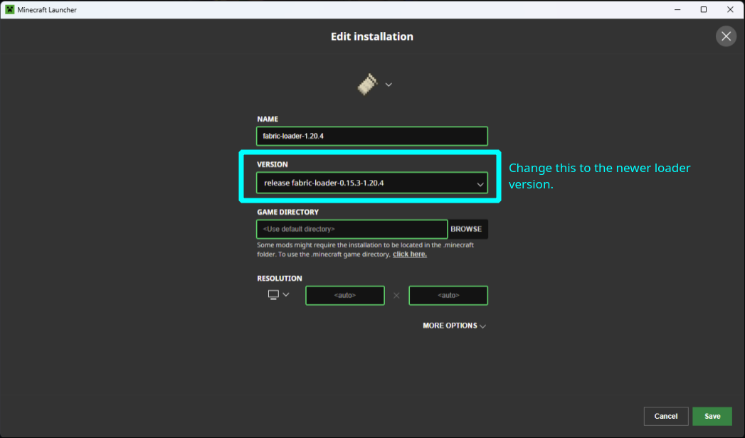 Updating Fabric Loader version in the Minecraft Launcher.